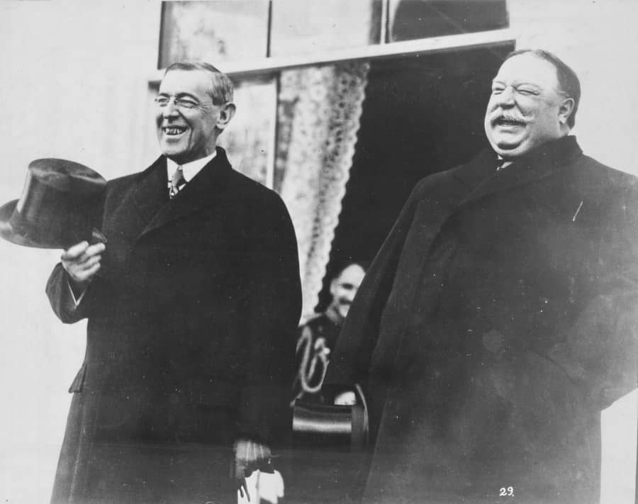 President-elect Wilson and President Taft, standing side by side, laughing, at White House prior to Wilson's inauguration ceremonies, March 4, 1913