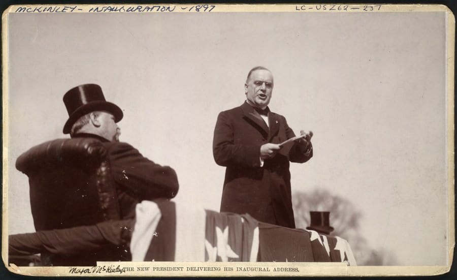 William McKinley in frock coat & black bow tie at his first inauguration, March 4, 1897