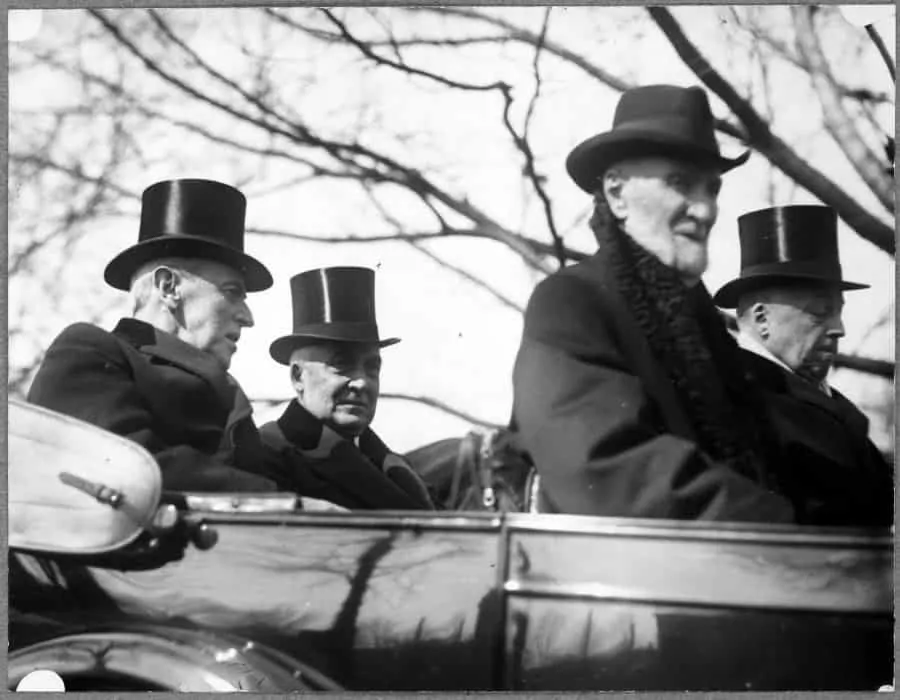 Woodrow Wilson, Warren G. Harding, Philander Knox and Joseph Cannon, in convertible, March 4, 1921