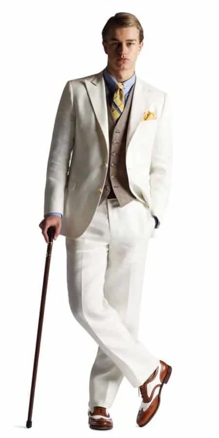 Gatsby Collection White herringbone single breasted suit with peaked lapel