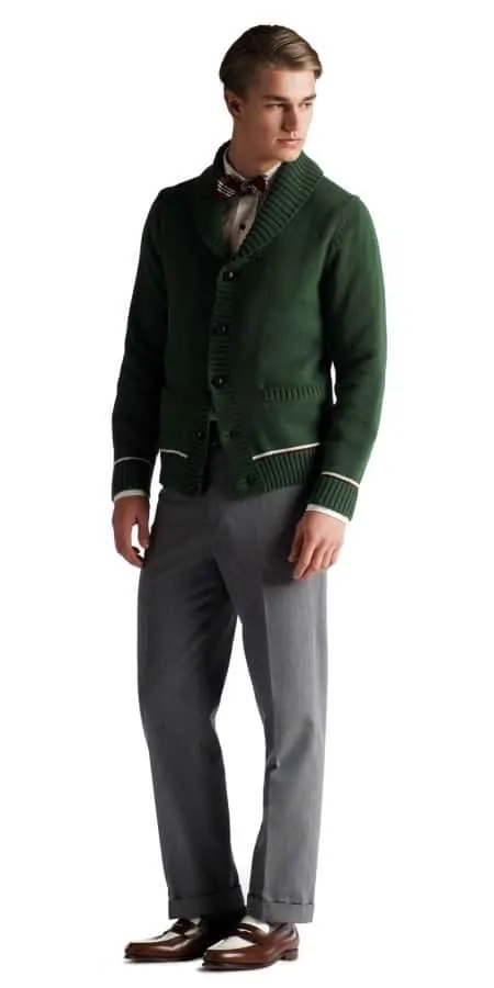Green Shawl collar cardigan with leather buttons Brooks Brothers Gatsby Collection
