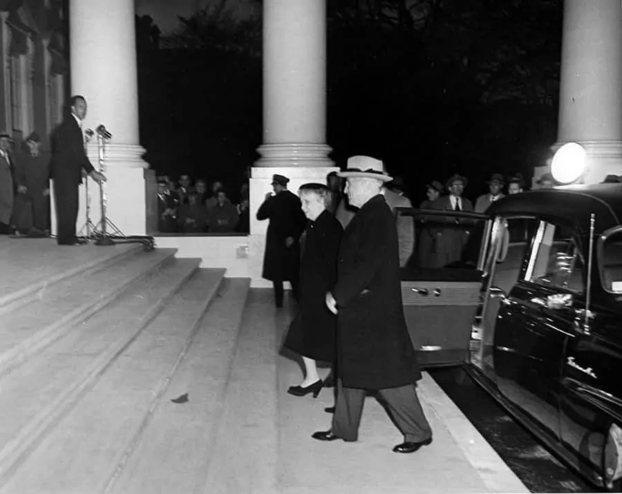 Truman in dark shoes on March 27, 1952, upon the return of the Truman family to the White House after renovations