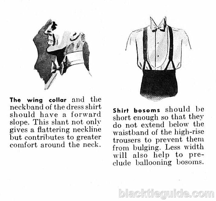 Details about the wing collar, which should have a forward slope and the shirt bosoms which should not extend below the waistband
