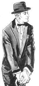 Illustration from a 1957 GQ making its first visual reference to ruffled fronts worn with a tuxedo