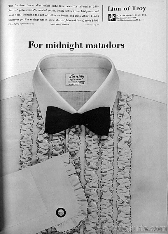 Lion of Troy ruffled evening shirt for black tie ad "For midnight matadors"