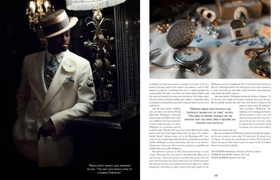 Dandy Wellington in white DB blazer, gigantic boutonniere, collar pin, tie bar and winchester shirt with boater hat