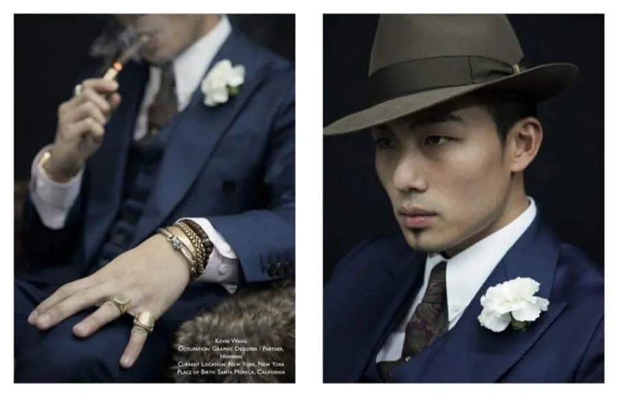 Kevin Wang with boutonniere, 3 piece suit and snap brim hat