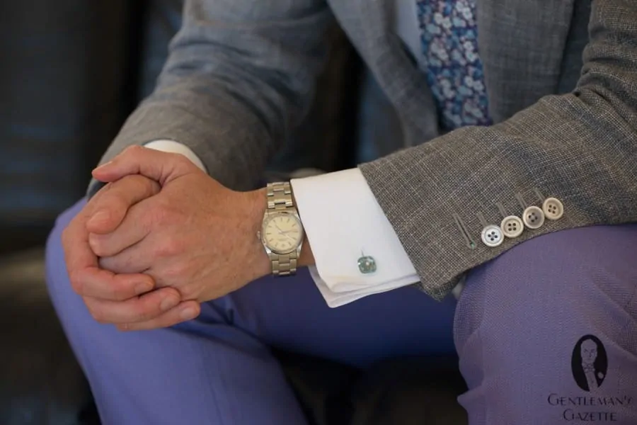 Rolex, Aquamarin cufflinks & mother of pearl buttons with lavendar herringbone pants