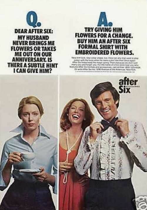 After Six Ad for ruffled evening shirts with embroidered flowers.