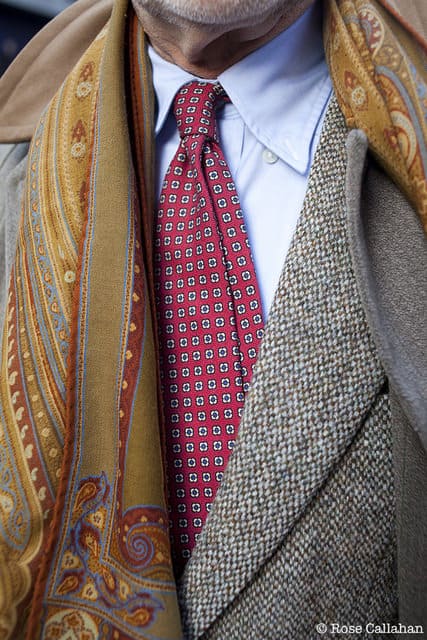 Bruce Boyer in tweed, printed tie, unbottened shirt collar and printed scarf by Rose Callahan
