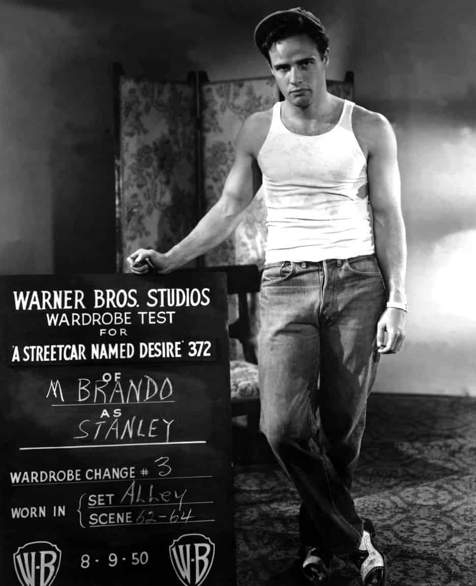 Marlon Brando in test shot for A Streetcar Named Desire wearing a sleeveless wife beater undershirt 1950