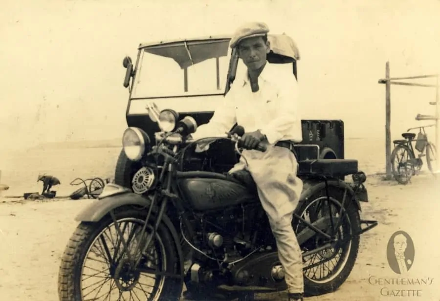 Rakish Yoshimi Yoshitsugu with Jodhpurs on one of the first motorcycles in Japan - 1930s