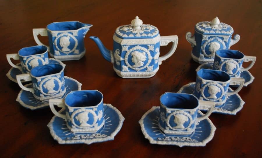 Antique German Schafer Vater Jasperware cameo demitasse coffee set