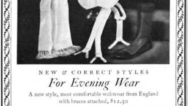 1936 Evening wear ad for a most comfortable waistcoat from England with braces attached for $12.50