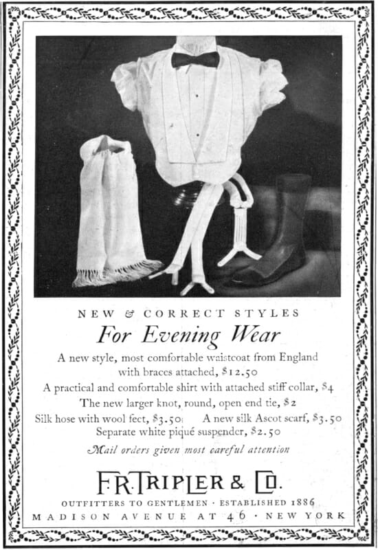 1936 Evening wear ad for a most comfortable waistcoat from England with braces attached for 12.50