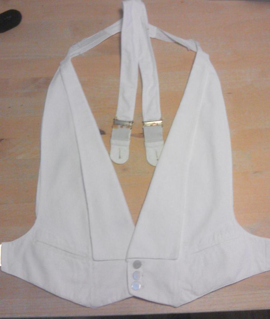 Front of white waistcoat with attached braces by by London shirtmakers Rendell and Son