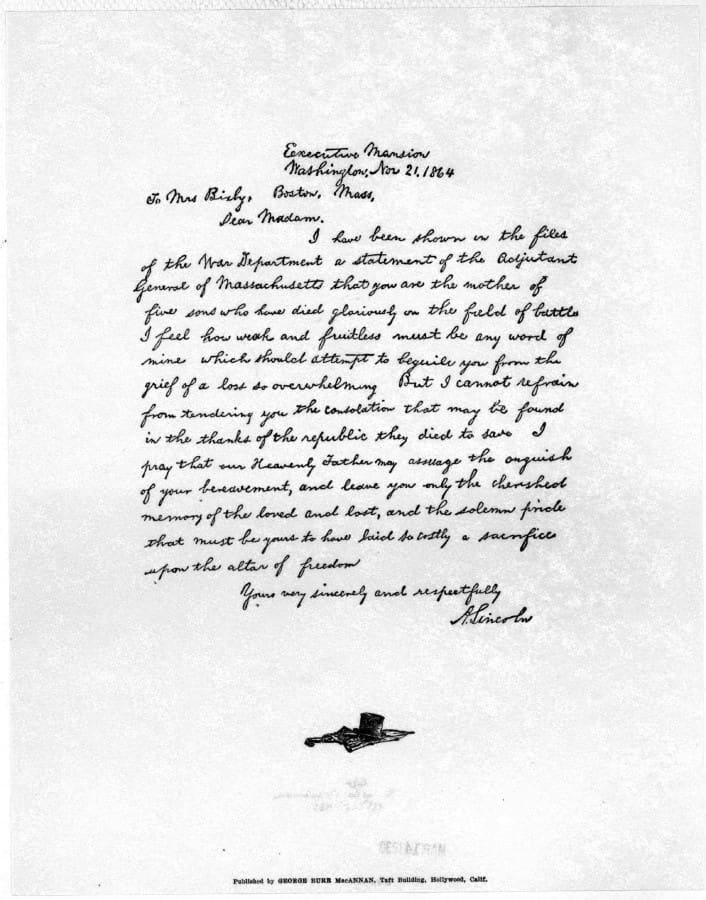 Handwritten letter of condolence by President Abraham Lincoln