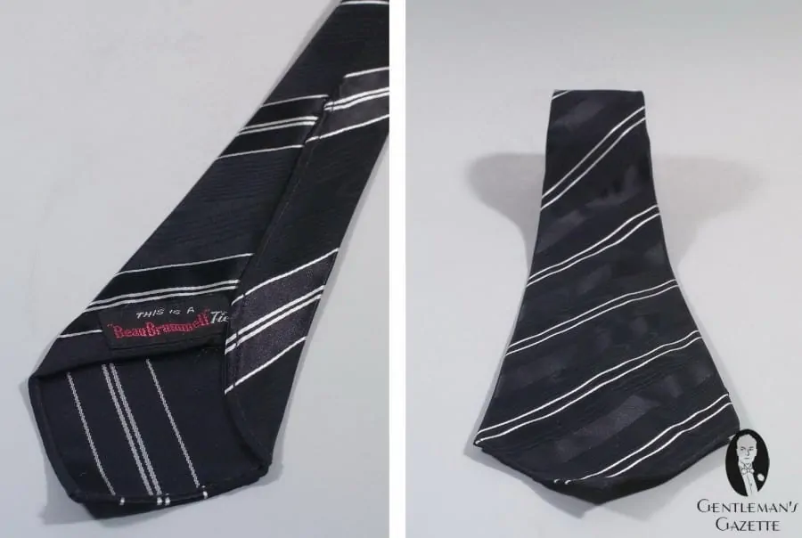 Jacquard Striped Black & White Silk Tie by Beau Brummell - note the differing front and back blade of the tie