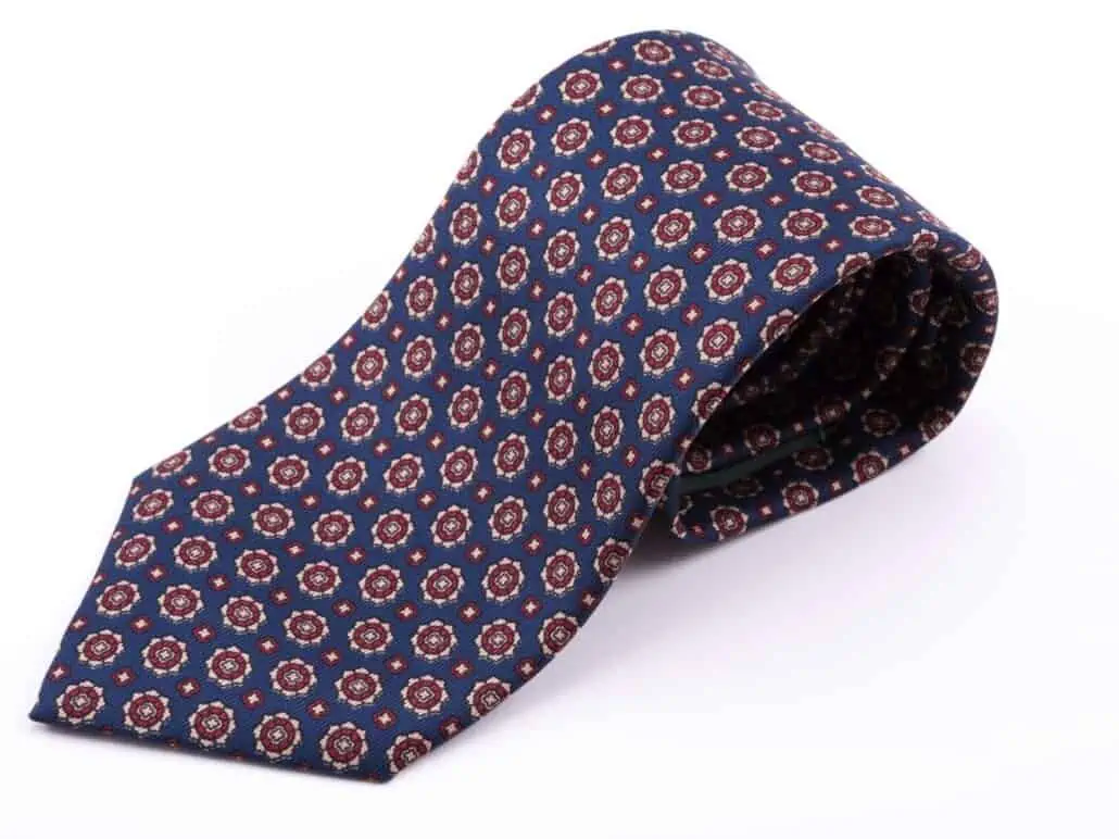 Madder Print Silk Tie in Blue with Red and Buff Pattern