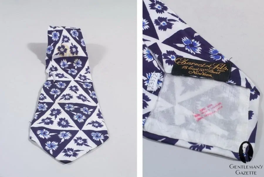 Printed flower silk foulard tie in blue & white by Charvet & Fils New York - Now there is only a Paris store at Place Vendome
