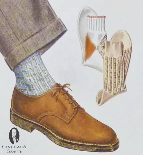 Brown derby shoes with thornproof tweed and patterned socks