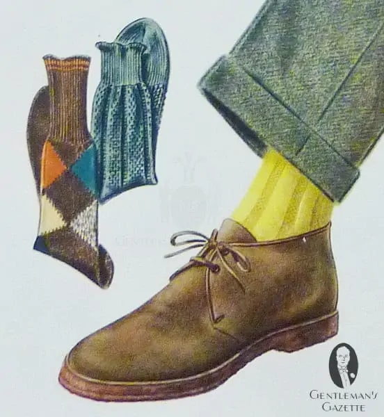 Chukka boot with rubber sole, yellow socks, and green trousers