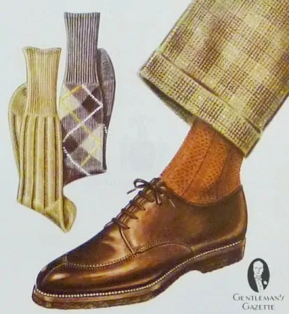 Dark brown Norwegian shoe with orange socks and patterned pants