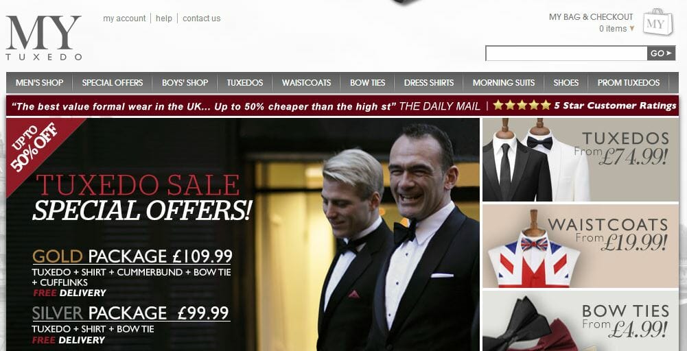 English online formalwear retailer MyTuxedo adopted its current name in 2006, three years after the original company was established.