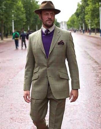 Green tweed suit with purple sweater