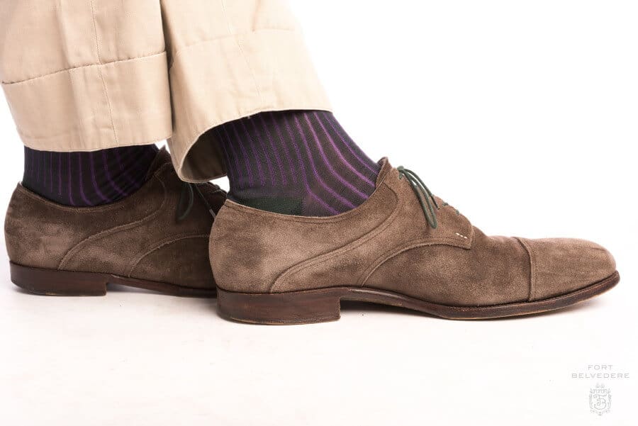 Shadow Stripe Ribbed Socks Dark Green & Purple with brown suede shoe and khakis