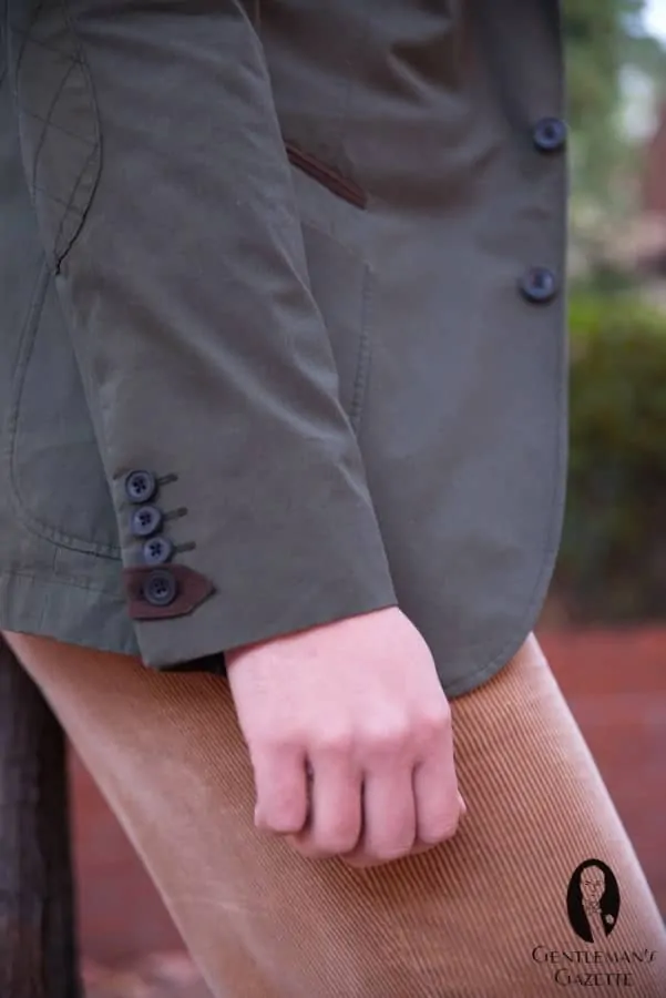 Velour leather cuff tab, pocket trim & elbow patch