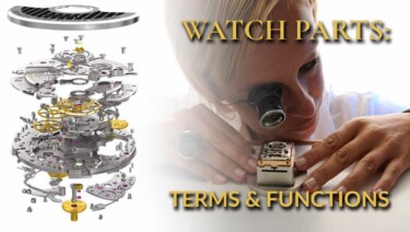 Left: a diagram of watch parts Right: a watchmaker at work Text reads: "Watch Parts: Terms & Functions"
