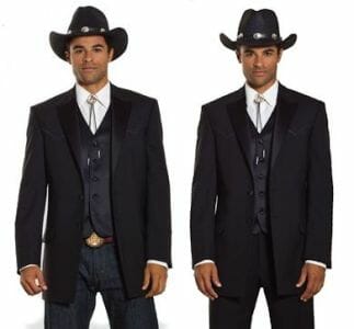 Westernized tuxedo jacket featuring front and back accented yokes. Worn with a bolo tie and vest and comparing formal trousers vs. dark jeans.