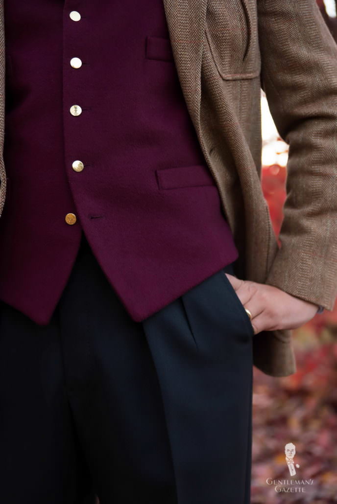 burgundy vest gold button tweed jacket black pants