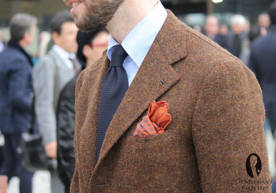 Beautiful brown sport coat with grenadine tie and orange pocket square - one in real ancient madder silk would have been better, note the curved button down collar