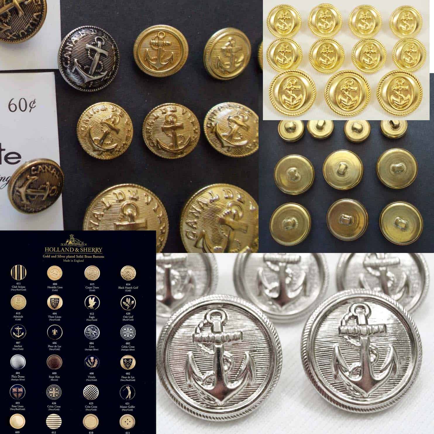 Blazer buttons in gold, silver, gilt or enamel with crests, anchor & heraldry