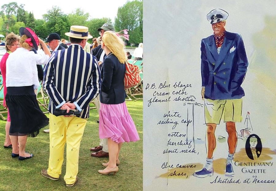 Blue and white striped blazer with yellow sailing pants at Henley Royal Regatta & 6x2 blazer with shorts from the 1930's