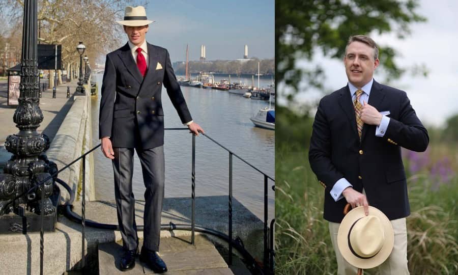 DB navy blazer with red tie, grey flannel trousers and Panama Hat & SB blazer with madras tie, chinos & Panama hat
