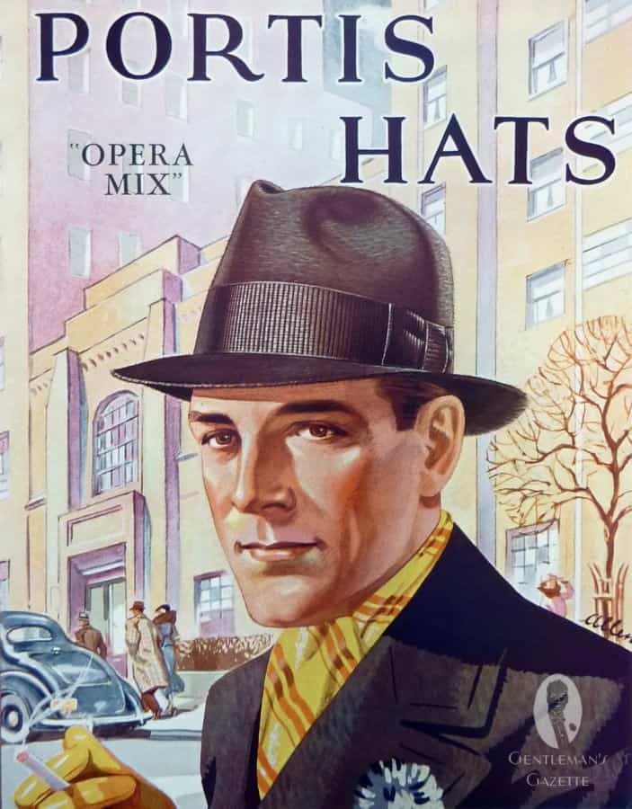 Portis Hats Ad with yellow gloves, scarf and boutonniere