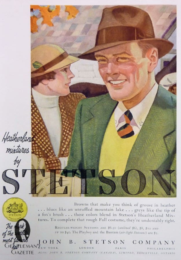 Stetson hats in fall colors - note the button down collar with a repp tie and sweater vest