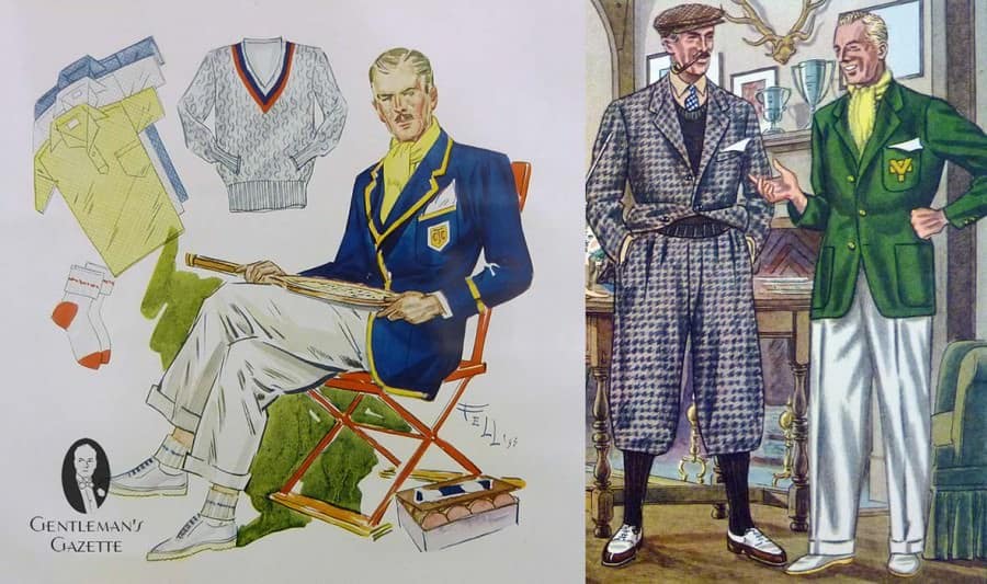 Tennis blazer and club blazer in green tweed with crest & white flannel trousers & white buckskin shoes from the 1930's