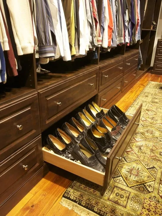 Shoe drawers in the bottom but make sure to use shoe trees