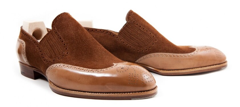 Unusual two tone slip on loafers with side gussets and broguing by St. Crispin