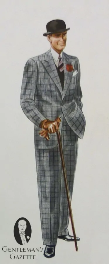 Single button grey saxony tweed suit with blue overplaid with peaked lapel and black shoes and bowler hat, sweater vest, grey winchester shirt, striped tie, red carnation boutonniere & brown gloves