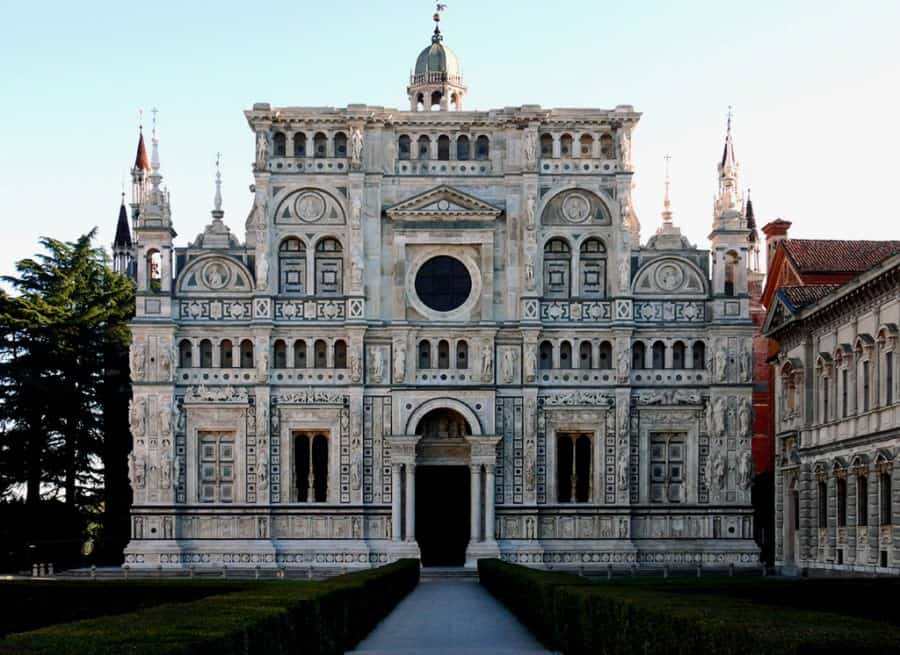 Certosa di Pavia, Pavia, Italy - Typical northen Italian architecture dominated by decoration and color through the use of black, white and green marble, as well as red porphyry
