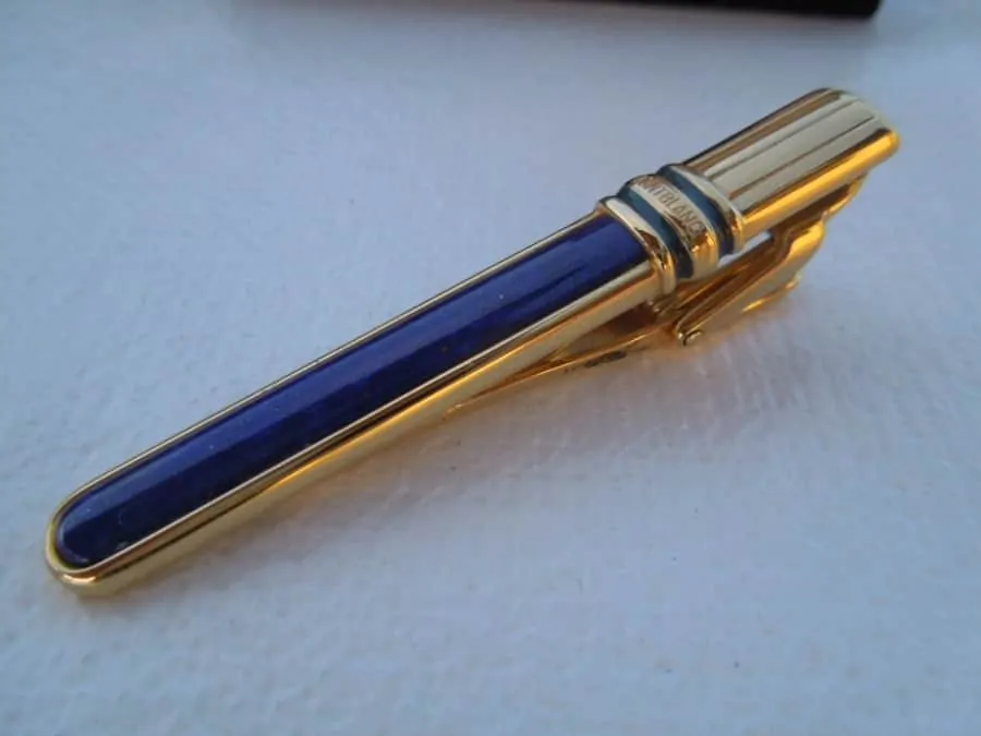 Lapis tie clip from Montblanc from the 1990s - try to avoid logos or labels on your jewelry