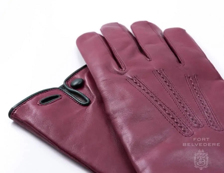 Burgundy Men's Dress Gloves with Green button and Piping adn Classic Point Design