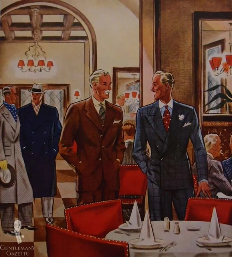 Business lunch 1937 -brown and windowpane suite and beautiful Paletot overcoats