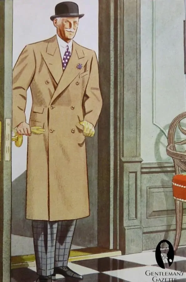 Camel overcoat with Chamois Yellow gloves and boutonniere