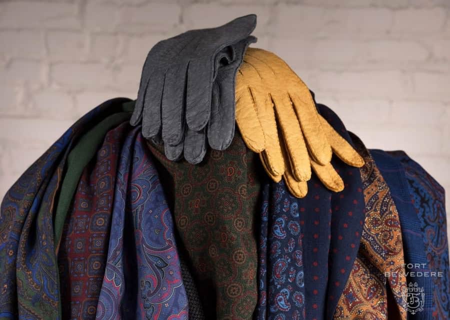 Double Sided Reversible Silk -Wool Scarves by Fort Belvedere with Peccary Gloves